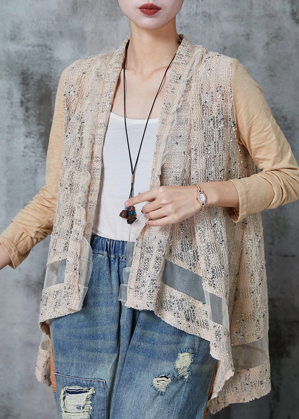 Vintage Spring Knit Cardigan with Khaki Patchwork