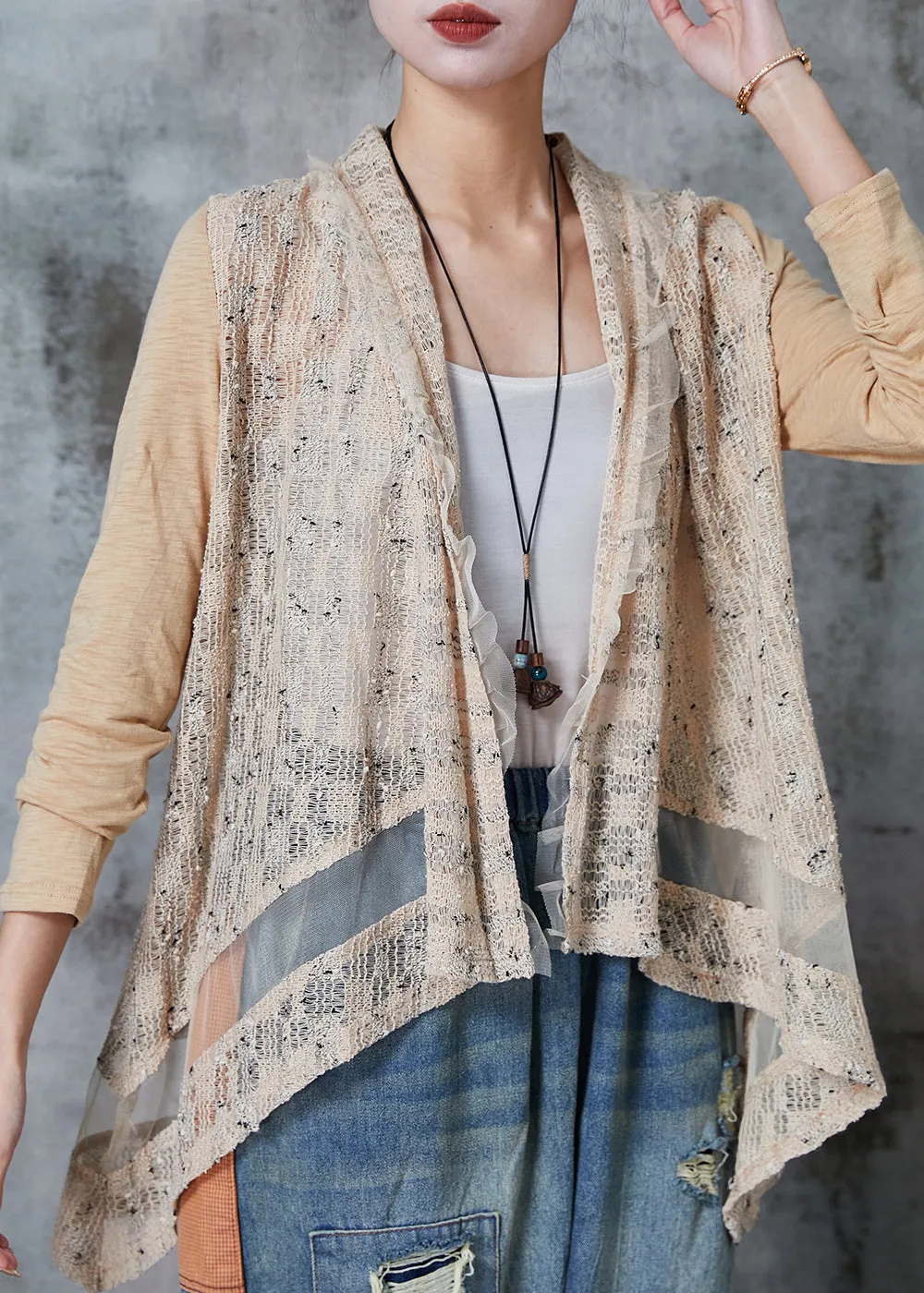 Vintage Spring Knit Cardigan with Khaki Patchwork