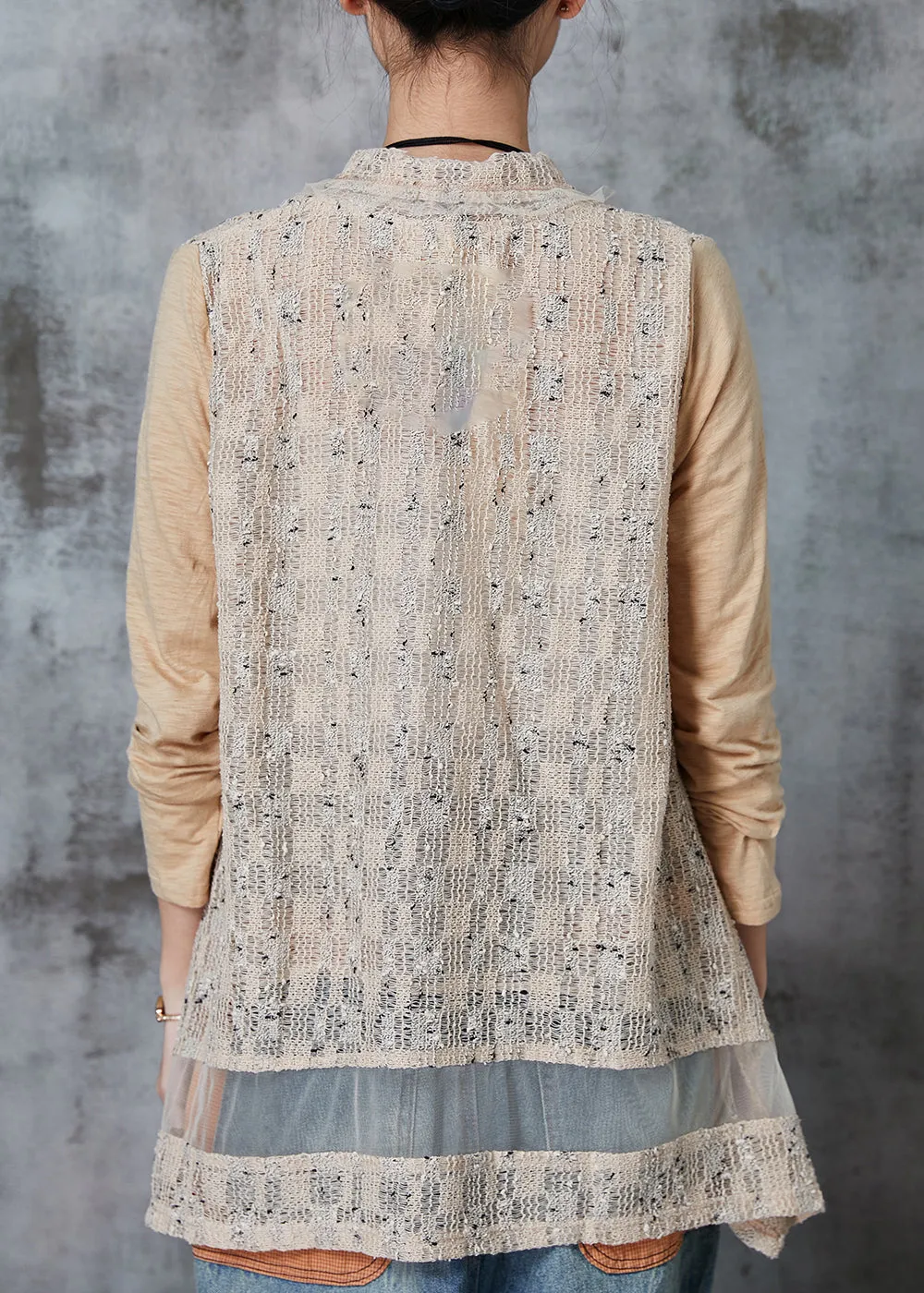 Vintage Spring Knit Cardigan with Khaki Patchwork