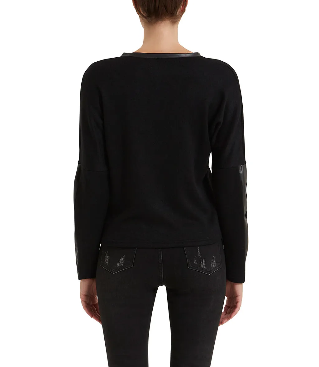 Women's Black Viscose-Blend Blouse with Faux Leather Accents