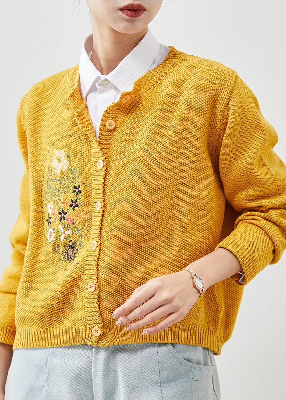 Yellow Embroidered Button Knit Cardigan