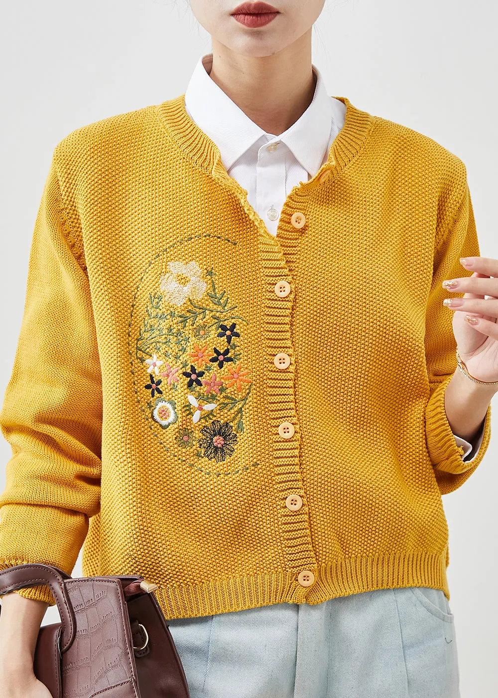 Yellow Embroidered Button Knit Cardigan