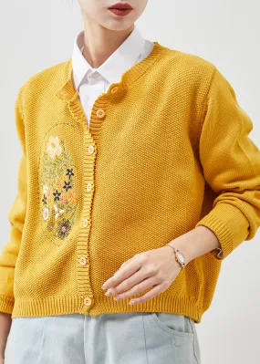 Yellow Embroidered Button Knit Cardigan