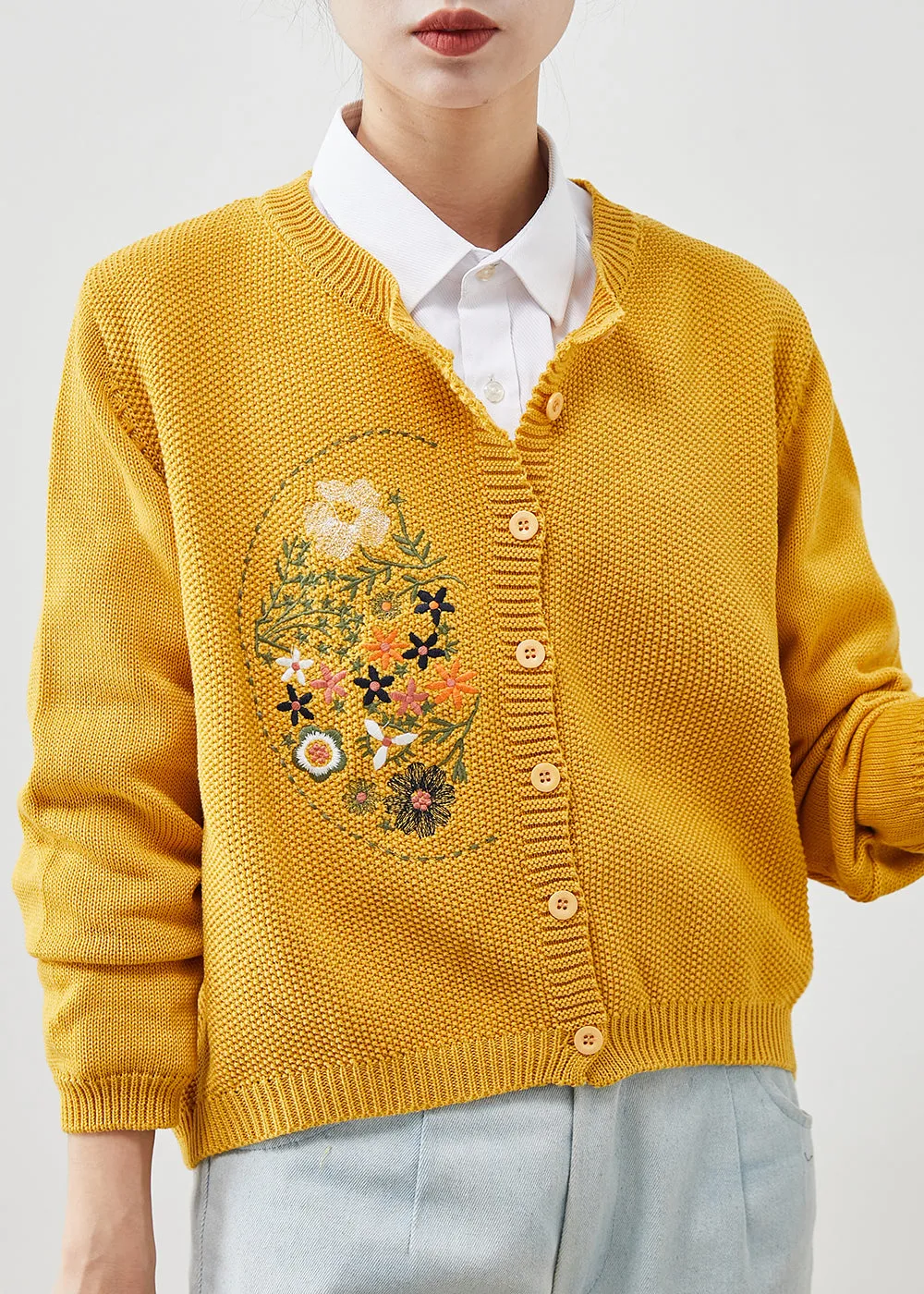 Yellow Embroidered Button Knit Cardigan